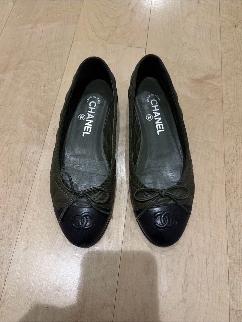 CHANEL Olive Green and Black Cap-Toe Quilted Ballet Flats